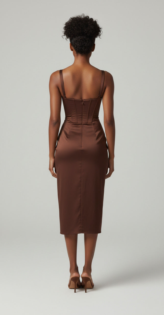FJØRNA satin midi dress for women, sleeveless evening dress with smooth finish, elegant and stylish for special occasions.