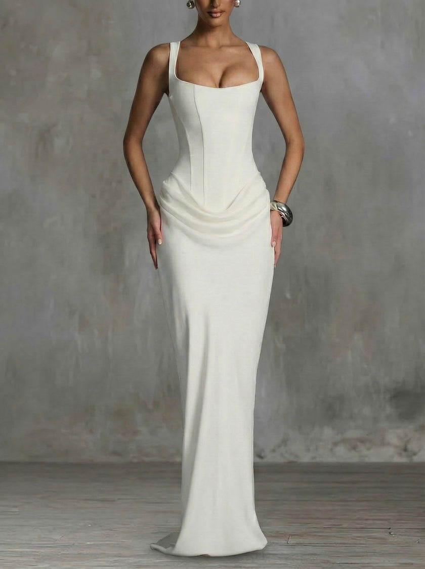 FJØRNA summer maxi dress for women with square neckline and bodycon fit, stylish sleeveless dress perfect for warm weather.