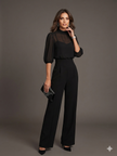 FJØRNA black chiffon top and wide-leg trousers three-piece set, stylish pants set with flowing fabric and modern design.
