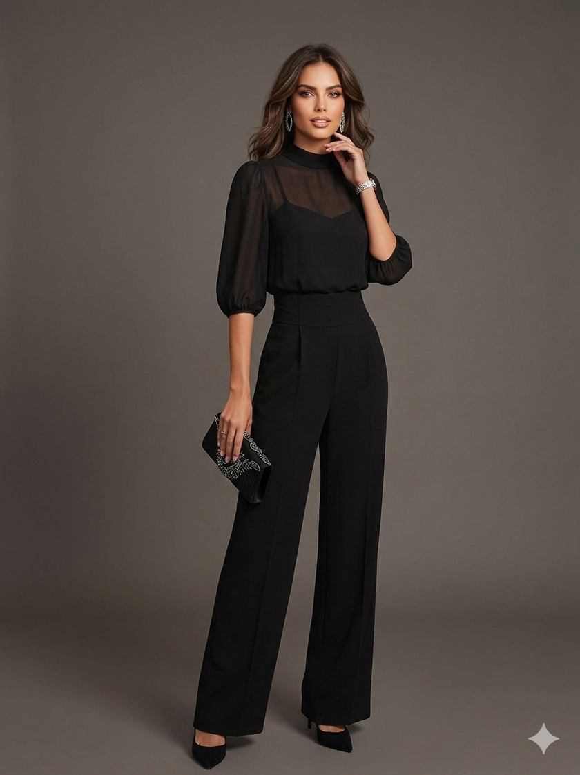 FJØRNA black chiffon top and wide-leg trousers three-piece set, stylish pants set with flowing fabric and modern design.