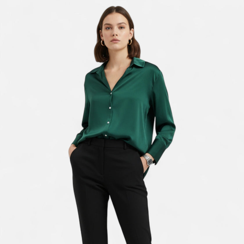 FJØRNA women's button-front long sleeve blouse in classic fit, with a tailored design and lightweight fabric.