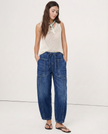 FJØRNA women's cotton pull-on jeans, casual pants with a relaxed fit, shown in a neutral color, perfect for everyday wear.