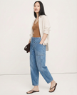 FJØRNA women's cotton pull-on jeans, casual pants with a comfortable fit, shown in a natural denim style.