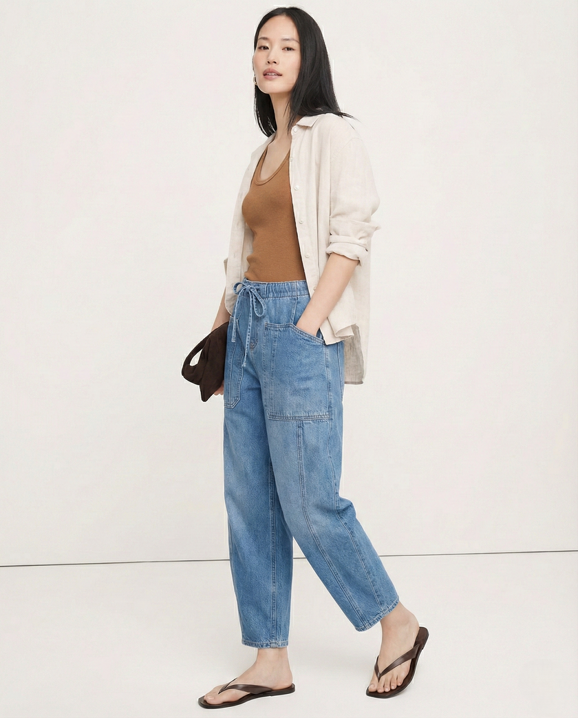 FJØRNA women's cotton pull-on jeans, casual pants with a comfortable fit, shown in a natural denim style.
