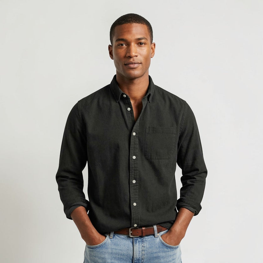 Men's FJØRNA long sleeve casual button-up shirt with a classic fit, shown in a natural fabric and style.