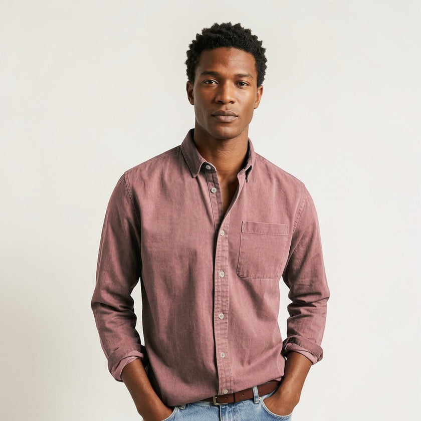 Men's FJØRNA classic long sleeve button-up casual shirt in a versatile design, shown with a collar and button front.