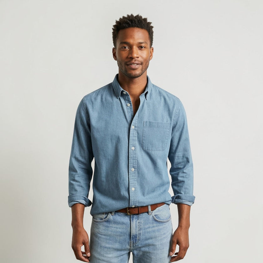 Men's FJØRNA long sleeve casual button-up shirt in a classic style, shown in a natural fabric and fit.