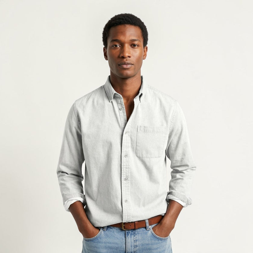 Men's FJØRNA long sleeve casual button-up shirt, classic style with a collar and button front, shown in a relaxed fit.