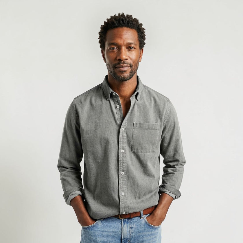 Men's FJØRNA long sleeve button-up casual shirt with classic fit and collar, shown in a relaxed style.