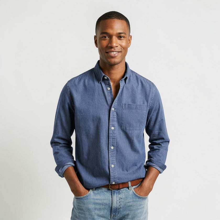 Men's FJØRNA long sleeve casual shirt with button-up front and classic fit, shown in a relaxed, stylish design.