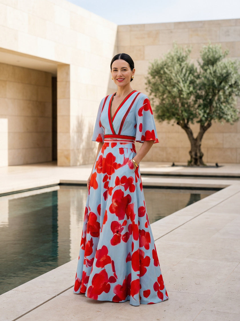 FJØRNA elegant floral maxi dress for women with V-neck and flutter sleeves, perfect for summer or special occasions.