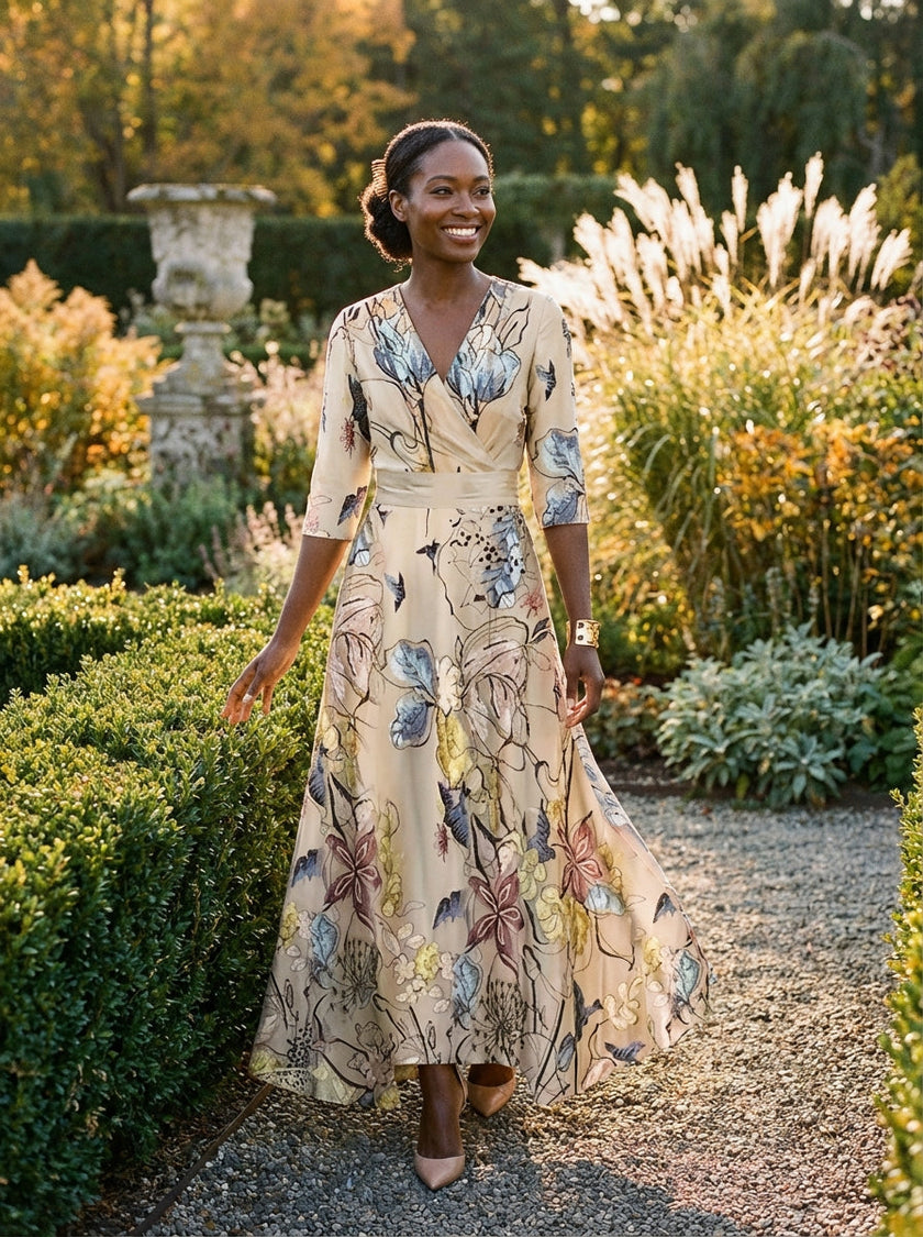 FJØRNA elegant floral maxi dress for women with V-neckline and flutter sleeves, perfect for stylish summer occasions.