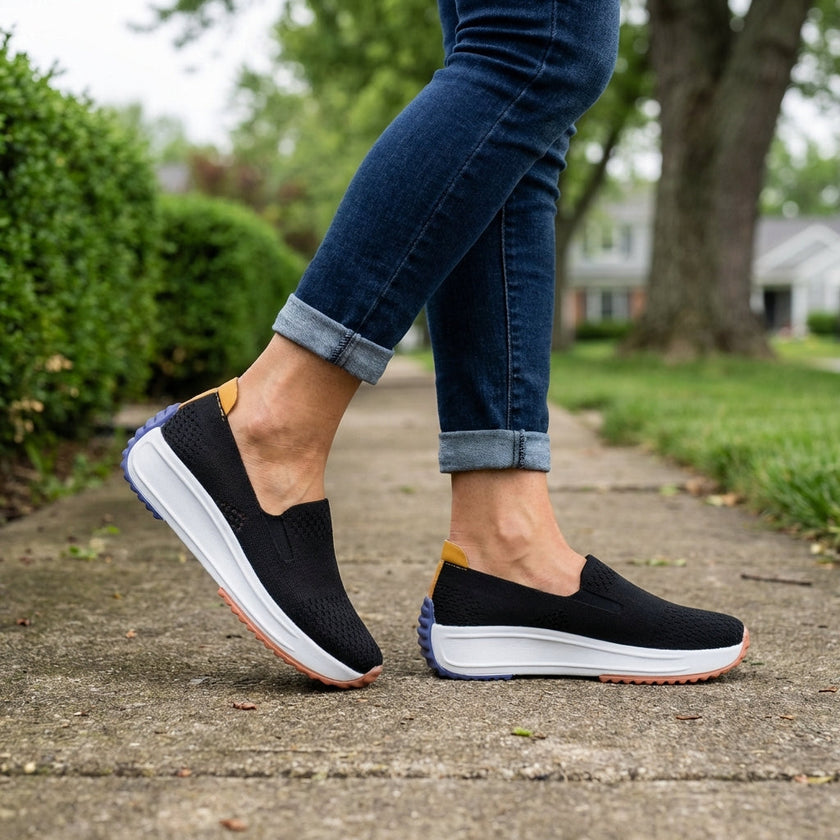 FJØRNA women's orthopedic sneakers with knit upper and arch support, stylish and comfortable shoes for everyday wear.