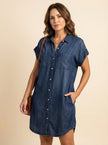 FJØRNA elegant women’s button-front evening dress displayed on a hanger, featuring a sleek design and classic style.