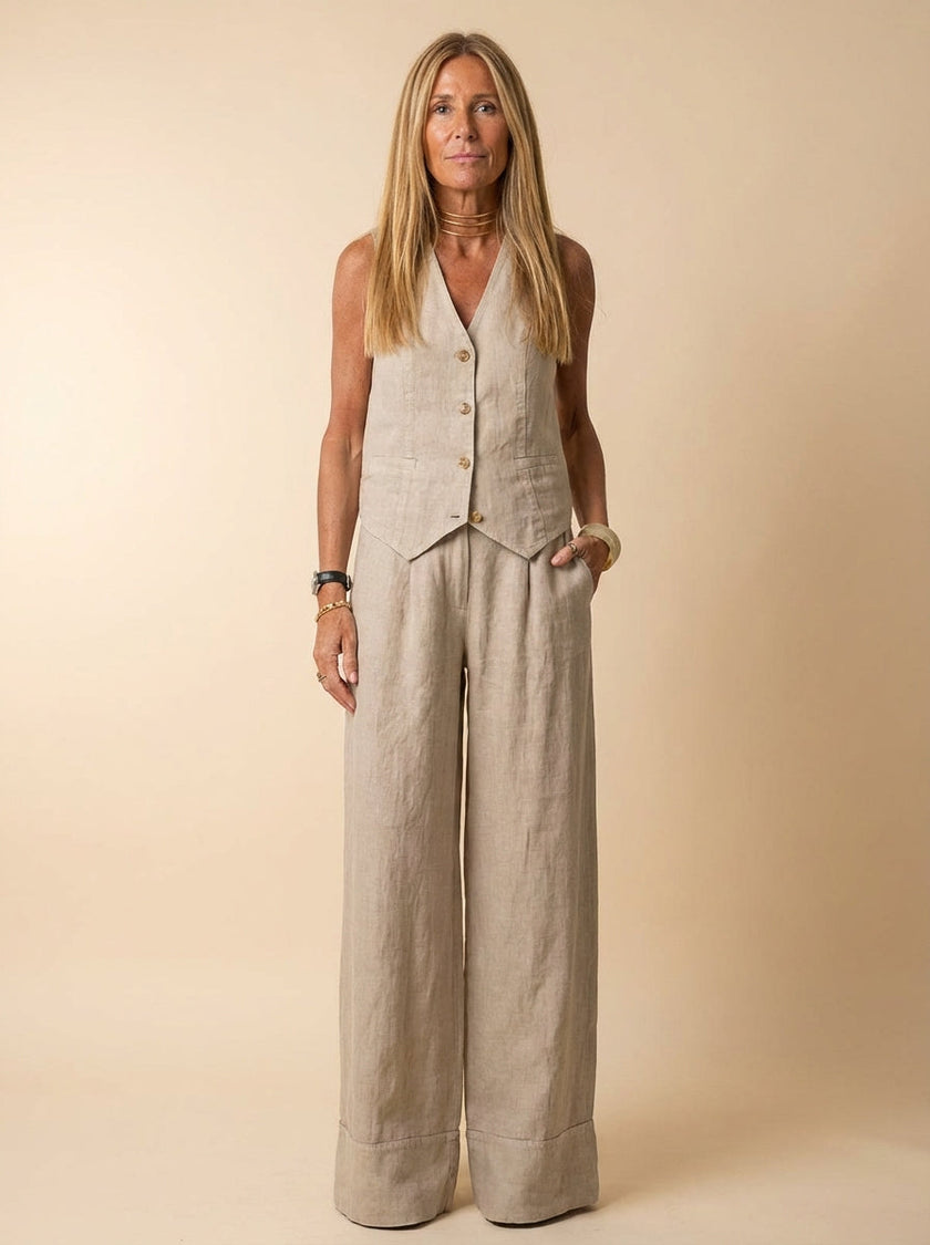 FJØRNA tailored linen-texture vest and wide-leg trouser co-ord set, showcasing the stylish matching 2-piece ensemble.