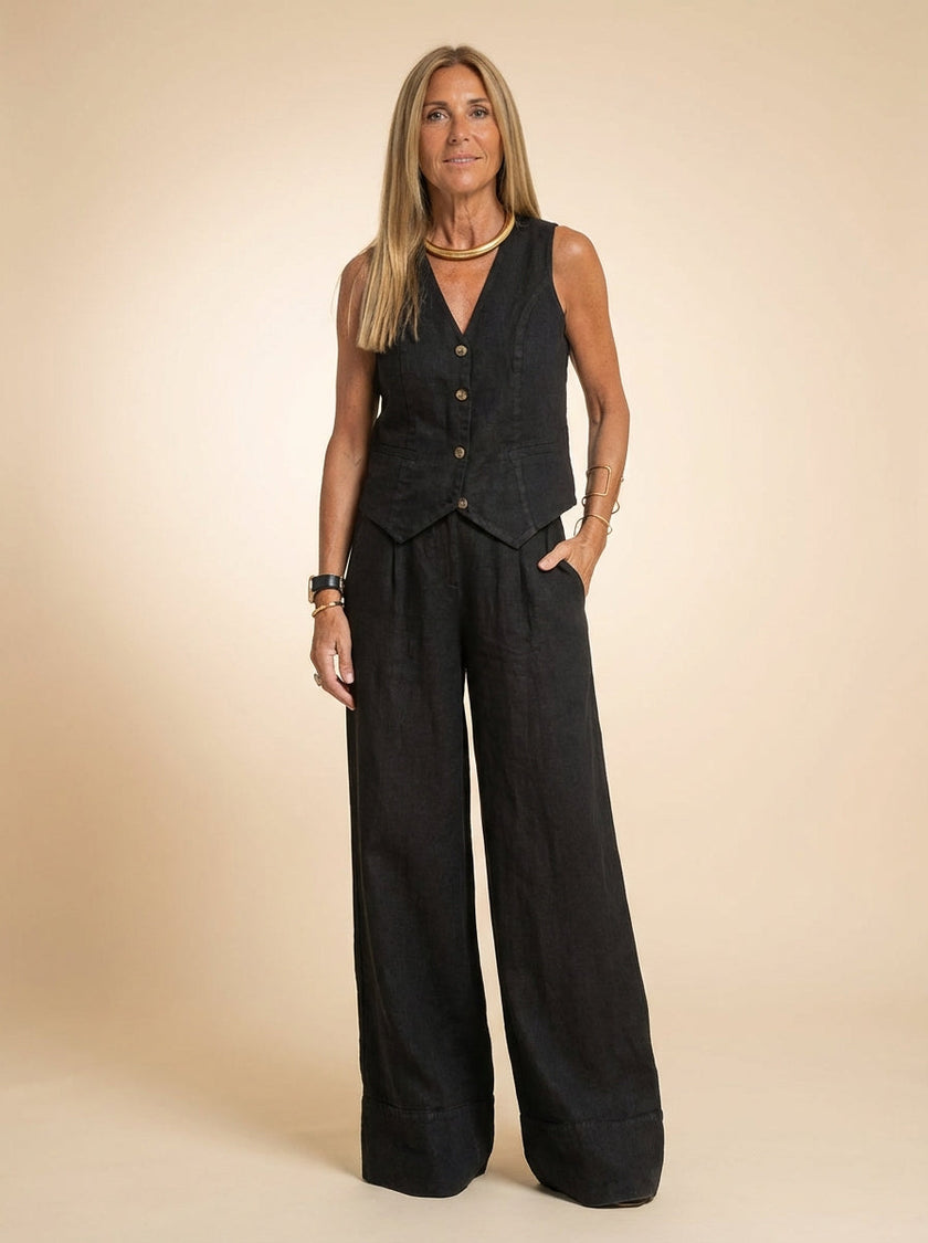 FJØRNA linen-texture vest and wide-leg trouser co-ord set, showcasing tailored design in natural fabric with structured fit.