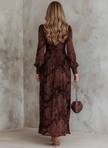FJØRNA Eloise paisley zip-waist maxi dress in white, flowing boho-style dress with long sleeves and a comfortable waist tie.