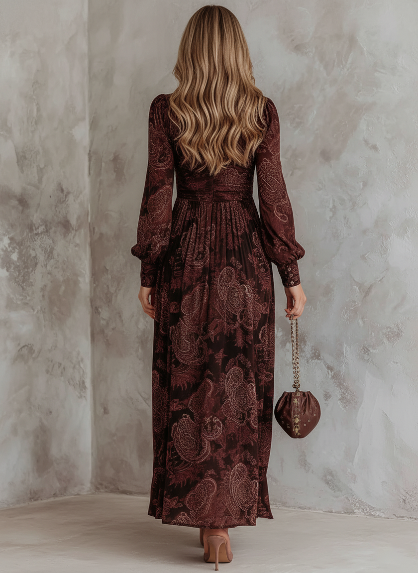 Retro Zipper Neck Long Sleeve Paisley Print Women's Midi Dress