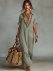 Red Linen Embroidered Maxi Dress For Women