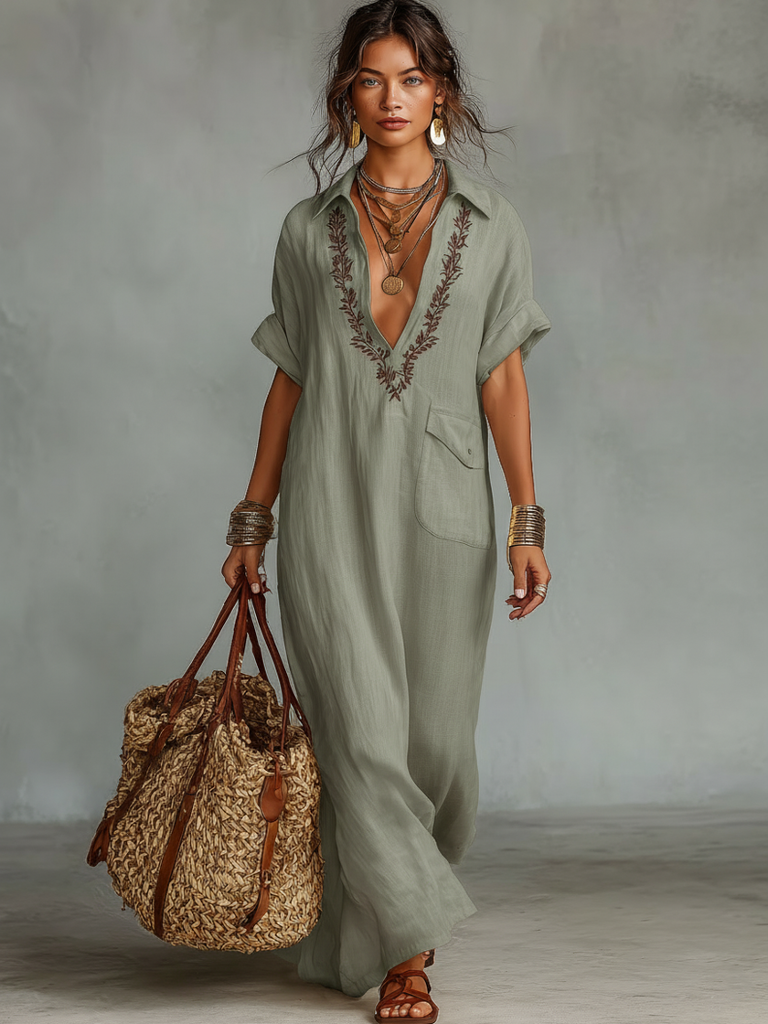 Red Linen Embroidered Maxi Dress For Women