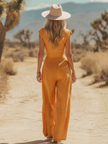 FJØRNA mustard cotton linen sleeveless boho jumpsuit for women, featuring relaxed fit and casual style with a modern bohemian look.