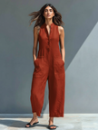 FJØRNA linen blend sleeveless jumpsuit for women with stand collar, button-up front, loose fit, and pant style.