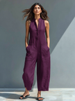 FJØRNA linen blend sleeveless jumpsuit for women with stand collar, button-up front, and loose fit, shown in a stylish pants design.