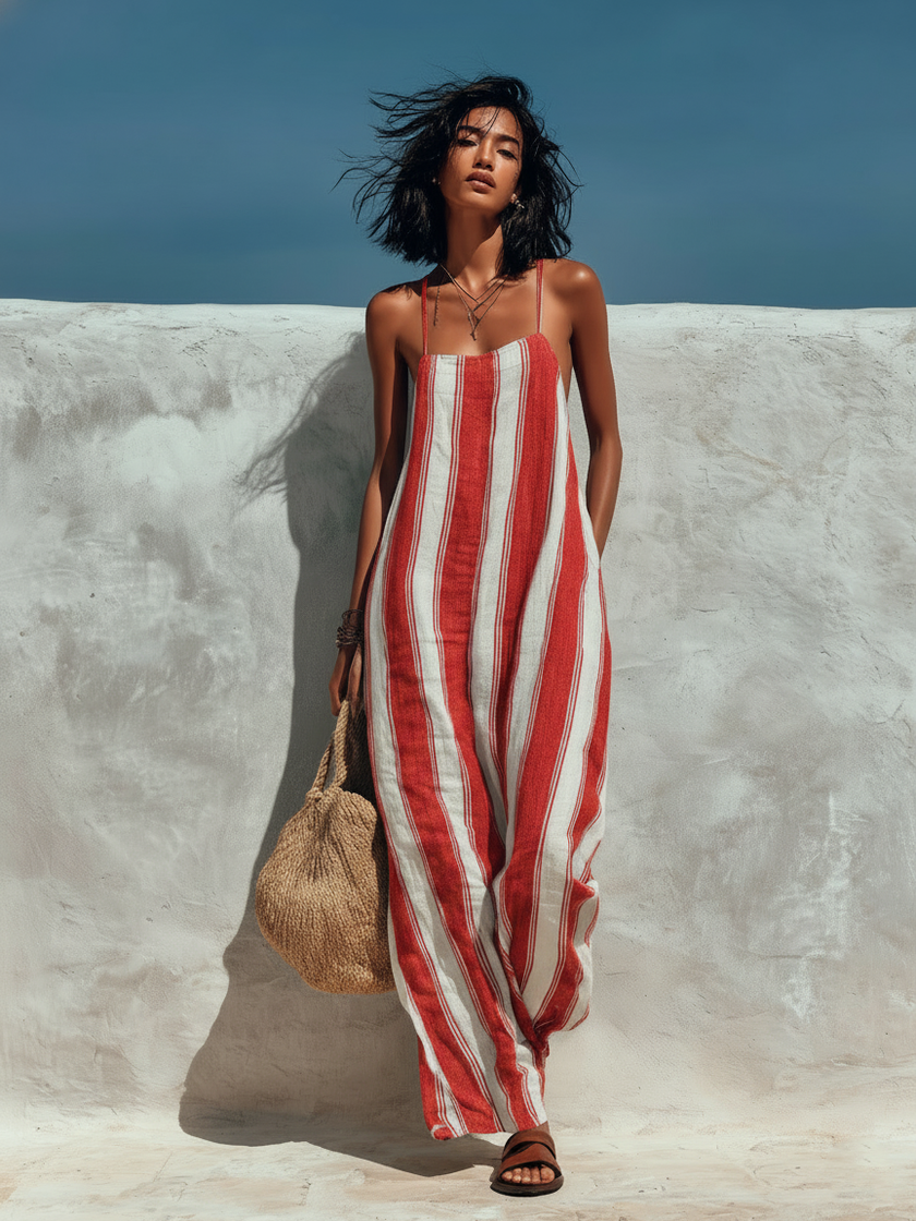FJØRNA women's striped suspender jumpsuit with loose fit and wide-leg design, perfect for vacation style and casual wear.