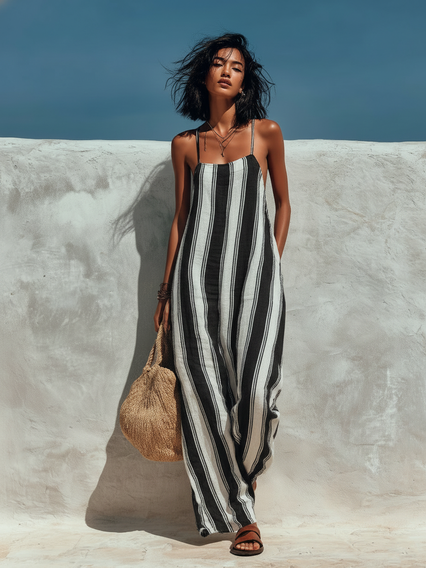 Women’s striped suspender jumpsuit by FJØRNA featuring a loose-fit, wide-leg design, perfect for vacation style and casual wear.