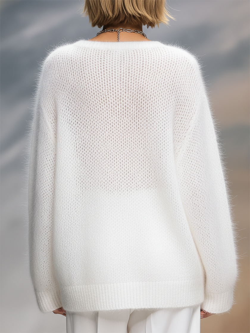 FJØRNA elegant solid color round neck loose sweater, cozy knit pullover with relaxed fit and classic style.