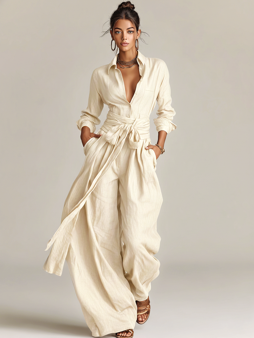 FJØRNA women's cotton-linen jumpsuit with shirt collar, long sleeves, and belt, styled as casual pants for women.