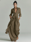 FJØRNA women's cotton-linen jumpsuit with shirt collar, long sleeves, and belt, featuring a stylish, relaxed fit.