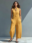 FJØRNA women's linen blend sleeveless jumpsuit with stand collar, button-up front, loose fit, stylish pants for women.