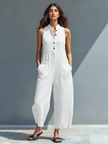 FJØRNA linen blend sleeveless jumpsuit for women with stand collar, button-up front, and loose fit, styled as casual pants.