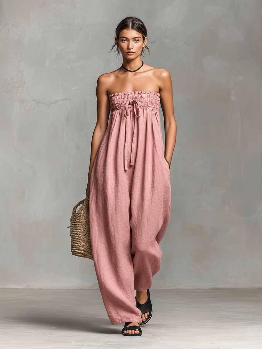 FJØRNA linen blend strapless jumpsuit for women, loose-fit with tie closure, stylish and comfortable women's pants.