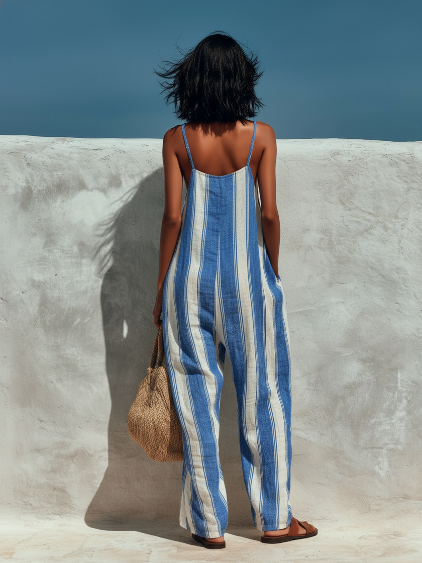 FJØRNA women's striped suspender jumpsuit with loose fit and wide-leg design, perfect for vacation style and casual wear.