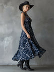 Navy Blue Chiffon Floral Maxi Dress For Women
