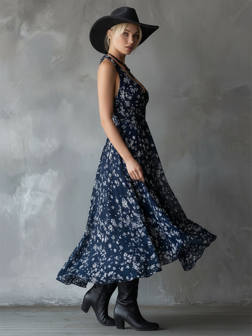 Navy Blue Chiffon Floral Maxi Dress For Women