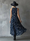 Navy Blue Chiffon Floral Maxi Dress For Women