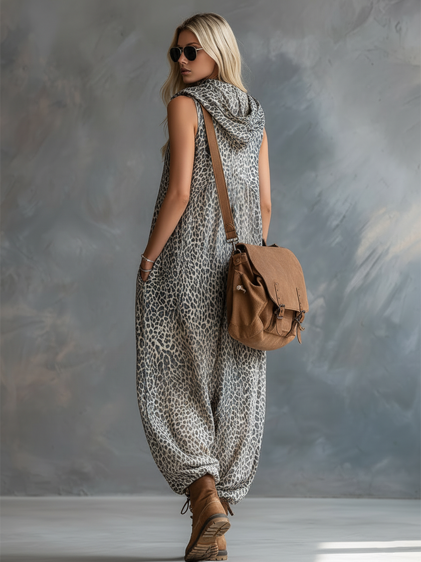 FJØRNA apricot leopard print hooded chiffon jumpsuit displayed on a model with flowing fabric and hood details.