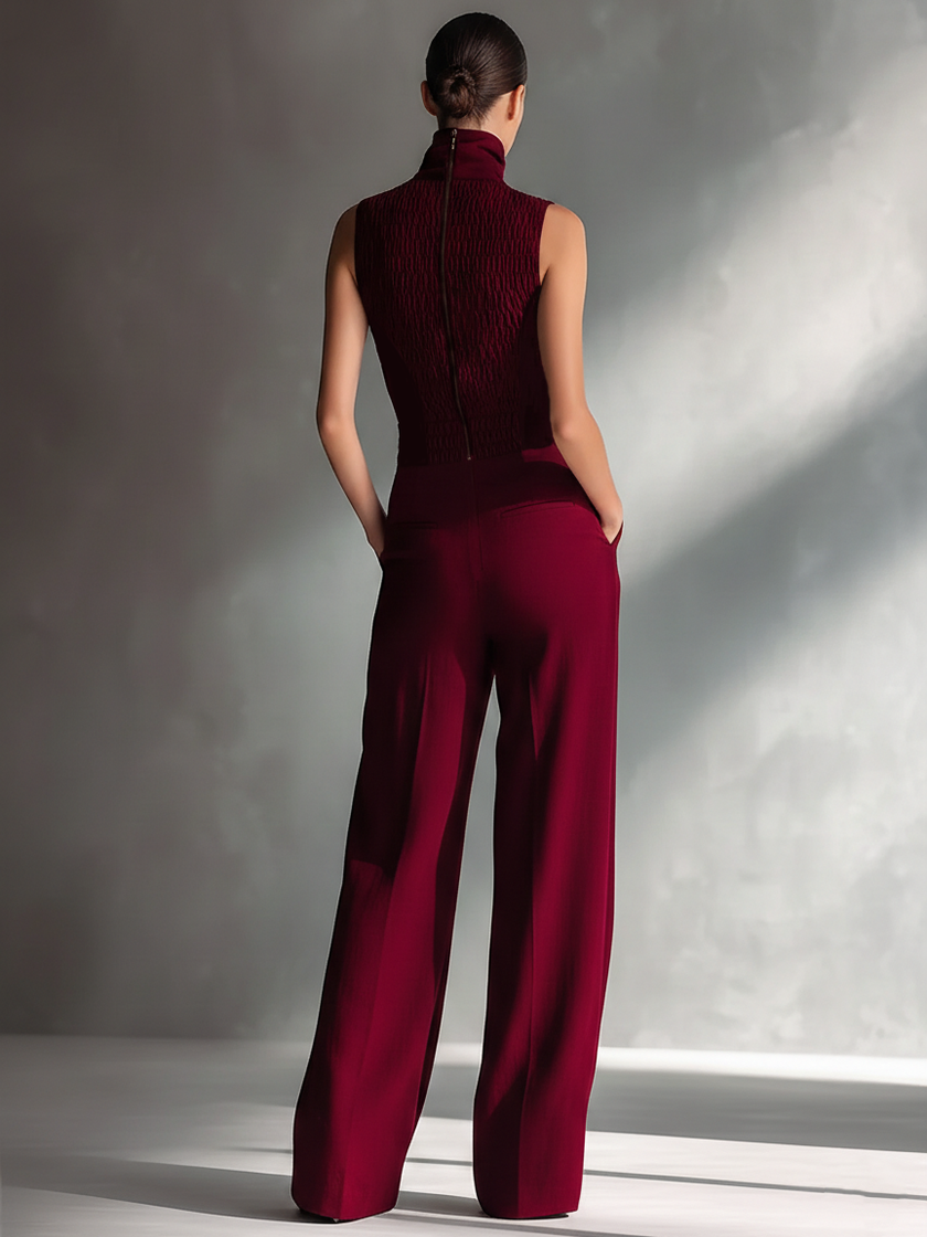 FJØRNA women's sleeveless cotton-linen turtleneck jumpsuit with fitted waist and wide-leg pants, stylish and comfortable.