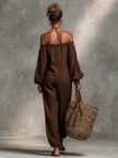 FJØRNA women's linen blend strapless jumpsuit with long sleeves and wide-leg pants, stylish and comfortable for casual wear.