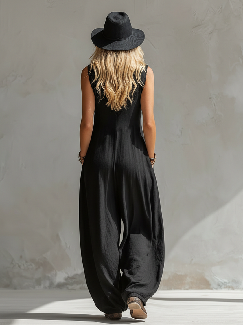 Black cotton linen sleeveless jumpsuit for women by FJØRNA, featuring a relaxed fit and casual style.