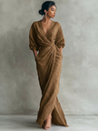 FJØRNA women's elegant maxi dress with V-neck and linen fabric, flowing design perfect for casual or formal occasions.