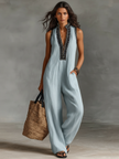 FJØRNA linen blend sleeveless jumpsuit for women with stand collar and embroidered details, showcasing a stylish, lightweight pants outfit.