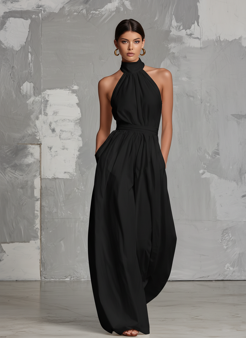 FJØRNA women's sleeveless woven halter-neck jumpsuit with wide-leg pants, elegant and stylish for summer or special occasions.