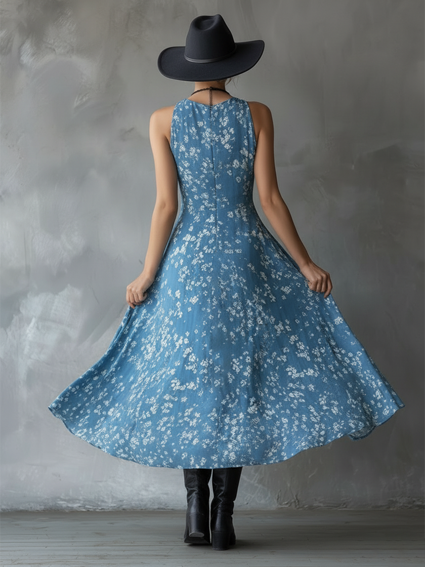 Navy Blue Chiffon Floral Maxi Dress For Women