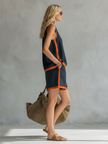 FJØRNA navy cotton linen two-tone vest and shorts set, casual summer outfit with sleeveless vest and matching shorts.
