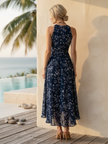 Navy Blue Chiffon Floral Maxi Dress For Women