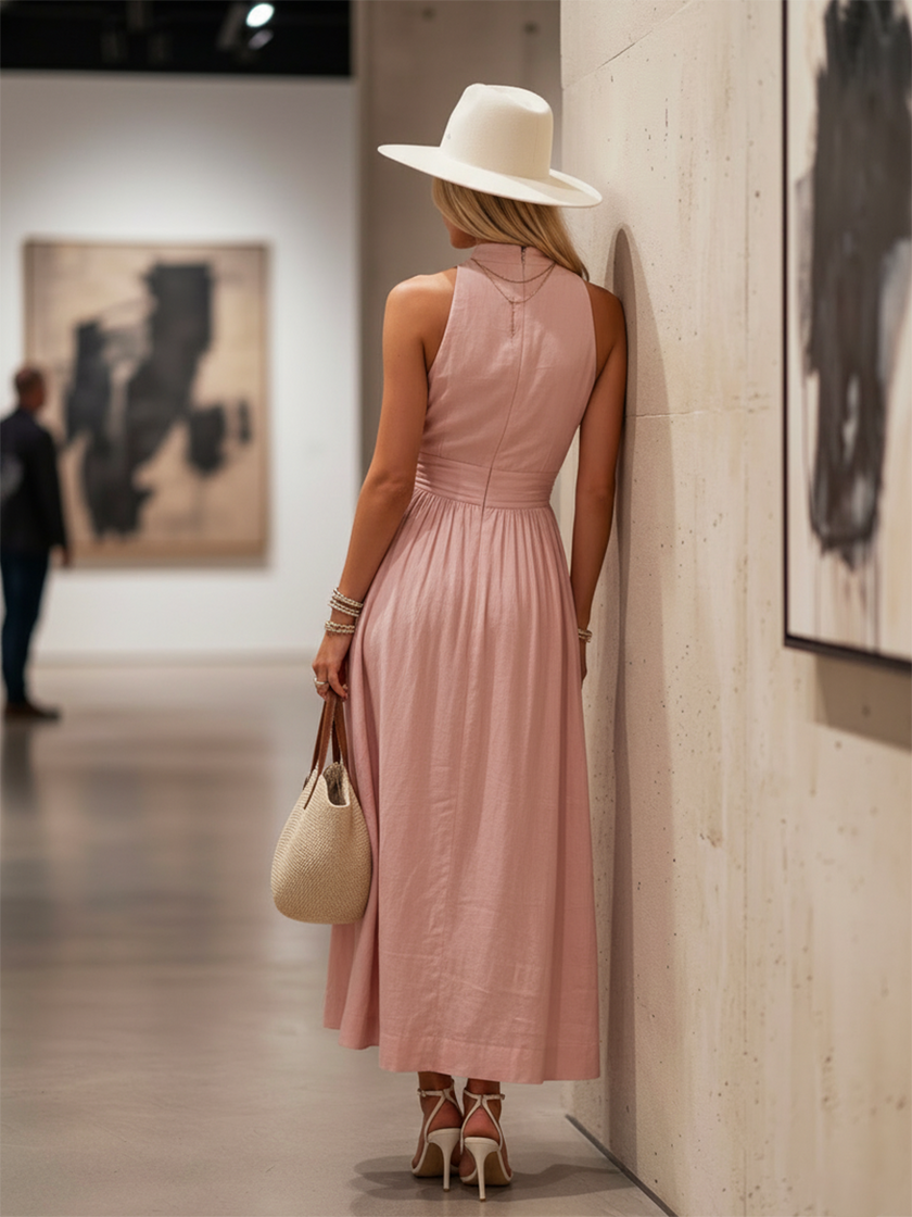 FJØRNA women's Bohemian West Resort sleeveless cotton maxi dress with elegant flowing design and intricate patterns.